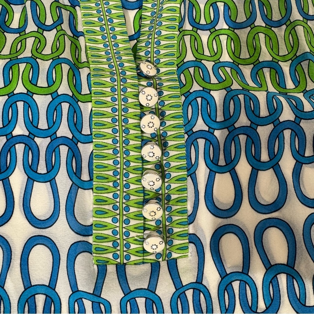 Trina Turk Blue & Green Chain-Print Long-Sleeve Silk Blouse Small - Picture 7 of 9
